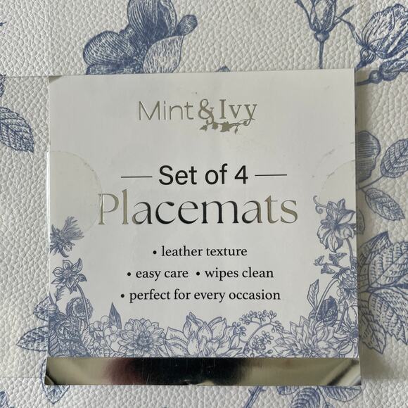 Mint & Ivy Faux Leather Placemats 13x18 Blue & White Floral Butterfly Set of 4 - Picture 3 of 10